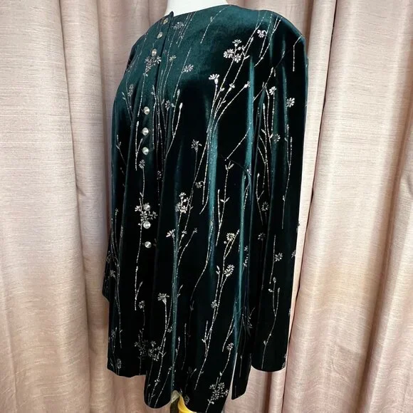 MSK Womens Plus 24W Green Velvet Floral Embroidered Top/Pants Set Holiday Career